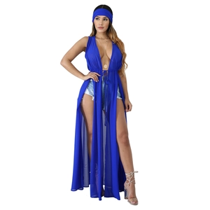 Détail du cache-maillot en mousseline bleu roi sans manches avec lien à la taille et tissu fin