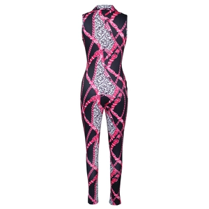 Detail view of jumpsuit back showing pink chain and leopard prints with hidden zipper