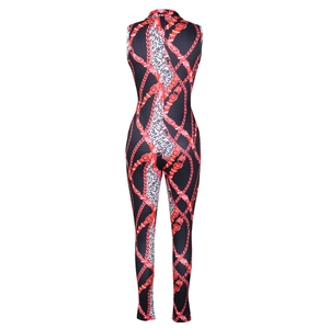 Detail of red chain print and leopard stripe contrast on sleeveless slim jumpsuit