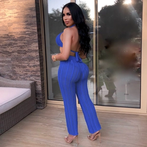 Detailed back view of blue knit mesh set featuring halter backless top and trousers