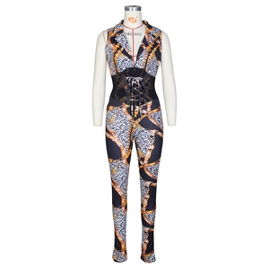 Women's jumpsuit with chain leopard print, V-neck, mesh waist and corset lace-up details