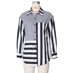 Women's vertical and horizontal striped long sleeve button-up shirt dress in black and white