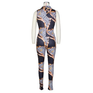 Back view of high neck sleeveless jumpsuit with leopard print and gold chain patterns