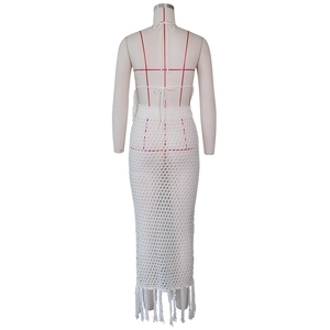 Vue arrière de l'ensemble deux pièces en crochet blanc avec haut licou et jupe à franges