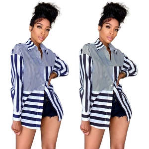 Detail showing asymmetric striped patchwork and turn-down collar on long sleeve shirt