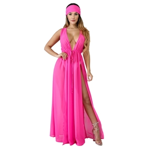 Détail du cache-maillot rose rouge avec taille coulissante et bandeau assorti