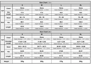 Size chart for women knitted skirt set in CM and inches with weight and stretch range