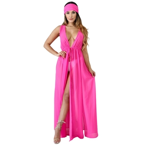 Ensemble cache-maillot de plage en mousseline rose vif avec col en V profond et fentes hautes