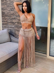 Damen Sexy Häkelarbeit Halterneck Bra Top Und Langer Fransen Quasten Rock Ausgehöhlt Böhmische Strandmode Sommerurlaub Outfit
