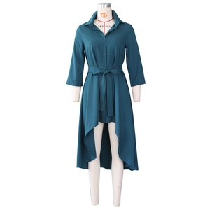 Detail of dark teal high-low shirt dress with classic collar and waist tie design