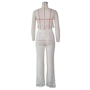 Detail of crochet knit two-piece set featuring back tie-up design and mesh hollow texture