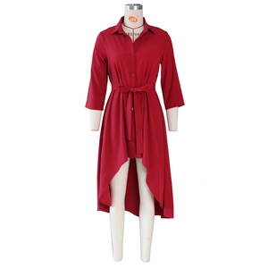 Red irregular high-low hem shirt dress with waist tie and button-down collar