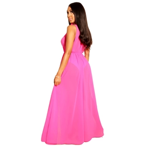 Vue détaillée d'une robe longue en mousseline rose vif sans manches avec taille haute et évasée