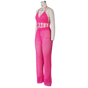 Detailed close-up of pink crochet knit set with tassel bra and hollow out pants texture