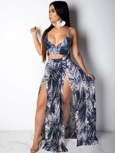 Tenue Femme Imprimé Feuilles de Palmier Tropicales Top Court à Col en V et Jupe Maxi à Fente Haute Été Plage Vacances Vêtements Sexy