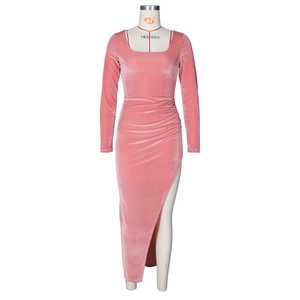 Pink square neck velvet dress with long sleeves, waist pleats, and high side slit detail