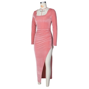 Detail of pink velvet square neck dress featuring side slit and pleated waist design