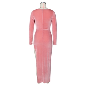 Rear view of pink velvet dress showing slim fit silhouette and sexy high slit detail