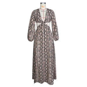 Robe longue sexy imprimé serpent avec col en V profond et découpes à la taille