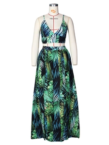 Ensemble 2 pièces femme avec crop top col V et jupe longue à imprimé tropical