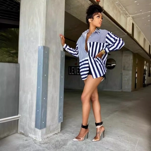 Oversize blue and white striped long sleeve shirt dress for women with contrast patchwork