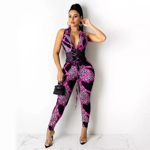 Slim fit women jumpsuit with V-neck, lace-up front and pink leopard chain print