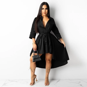 Women Casual Polyester Shirt Dress High Low Hem Long Sleeve Button Front Solid Color Elegant Maxi Dress For Daily Streetwear