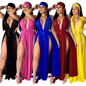 Robe de plage sexy en mousseline pour femme avec col en V profond et fentes latérales