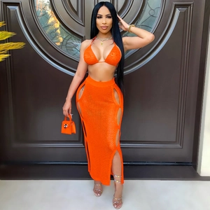 Women Sexy Hollow Out Crochet Knit Two Piece Set Halter Bikini Top And High Slit Maxi Skirt Beach Cover Up Outfits