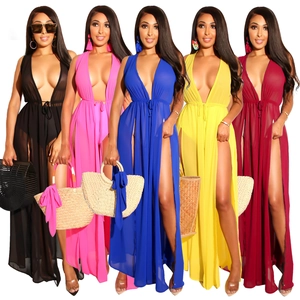 Tunique de plage longue et transparente en mousseline pour femme en cinq couleurs vives