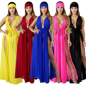 Ensemble de plage sexy en mousseline avec bandeau assorti et jupe longue à fente haute