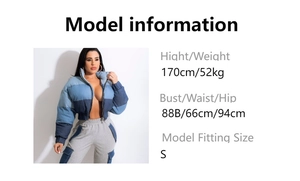Detail view of denim patchwork cotton jacket and size chart with model measurements