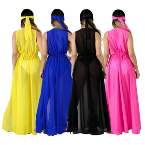 Long cardigan de plage en mousseline pour femme en jaune, bleu, noir et rose