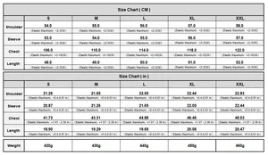 Size chart for women's gradient denim jacket including S to XXL detailed measurements