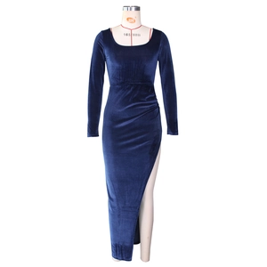 Detail shot of navy blue velvet dress featuring elegant square neck and high side slit