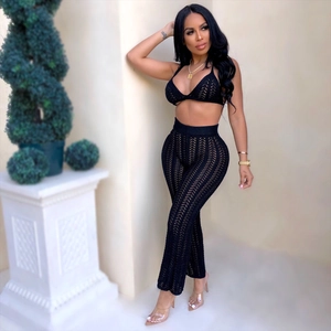 Women Sexy Crochet Knit Top And Bottom Halter Bikini Top High Waist Hollow Out Wide Leg Pants Vacation Beachwear Outfits