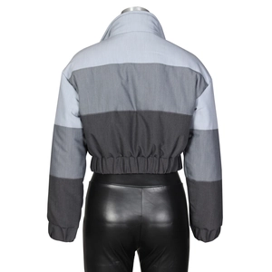 Rear view of women's gradient gray patchwork cropped jacket with a high stand collar
