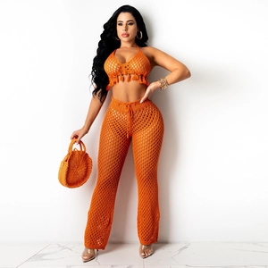 Women Crochet Halter Crop Top And Wide Leg Pants Bohemian Hollow Out Knit Tassel Beach Resort Sexy Outfit For Summer