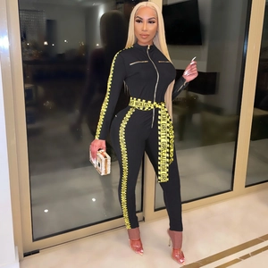 Women Sexy Industrial Caution Tape Letter Print Jumpsuit Slim Fit Long Sleeve Streetwear Zippered Bodysuit Fashion Jumpsuit