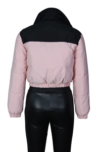 Back view of short color-block puffer jacket featuring pink body and black shoulder panels