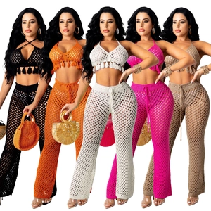 Women's sexy knit mesh hollow out two-piece set featuring crop top and wide leg pants