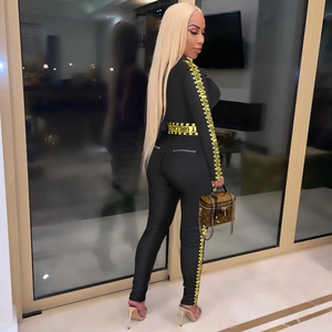Sexy black long sleeve jumpsuit with yellow Caution Gritty Girl tape lettering