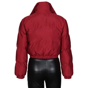 Rückansicht der roten kurzen Steppjacke mit Stehkragen und elastischen Abschlüssen