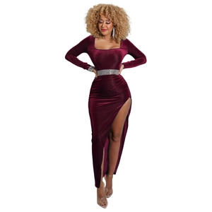 Detail view of square neck burgundy velvet maxi dress with a sparkling rhinestone belt