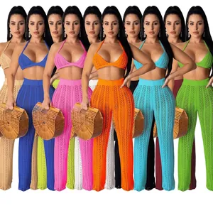 Women's 2-piece crochet knit set with halter crop top and hollow-out wide leg pants