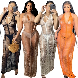 Halter deep V-neck hollow out knit beach dress in black, brown, cream and orange colors