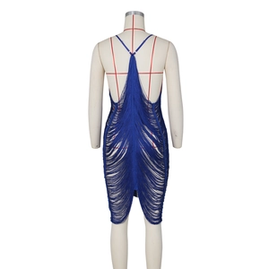 Detail of the Y-shaped straps and layered fringe on this royal blue party dress
