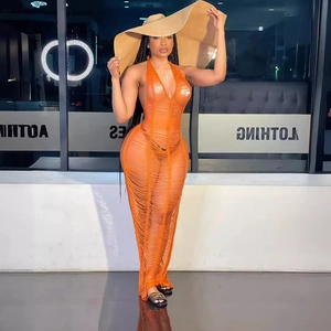 Sexy orange hollow-out knitted beach dress with deep V-neck halter and fringe details