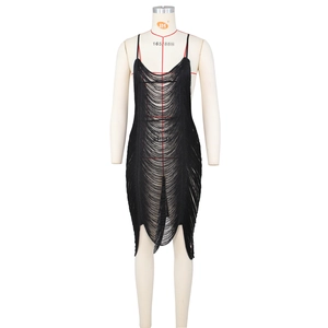 Sexy black fringe dress with spaghetti straps and deep V-neck for summer beach club parties