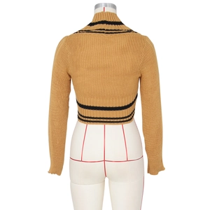 Rear view of ginger yellow ribbed knit sweater with contrasting black stripes